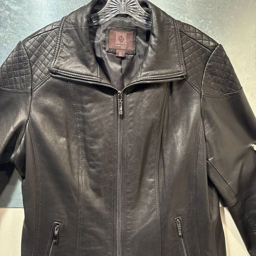 "Anne Klein Coat" Moto Jacket 2X Black 100% Leather Quilted Shoulders Full Zip - Picture 15 of 16